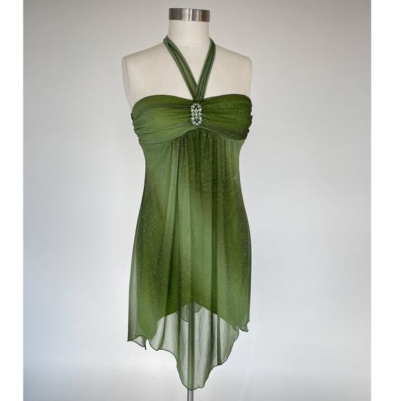 Y2K Green Sparkly Fairy Mini Halter Dress / Sz S / Trixxi / Whimsigoth Babydoll - Picture 1 of 10
